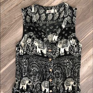 Anthropologie Black & Cream Elephant Print Sleeveless Button Jumpsuit